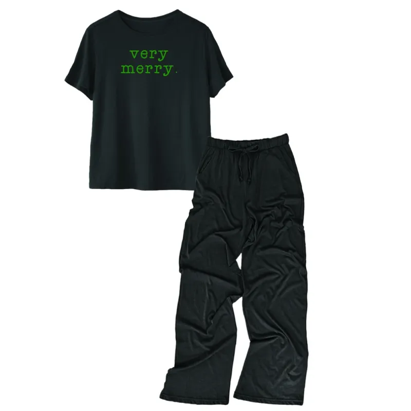 Black 'Very merry.' Women's Modal/Cotton Boxy Tee & PJ Pants Set sold by Zulily