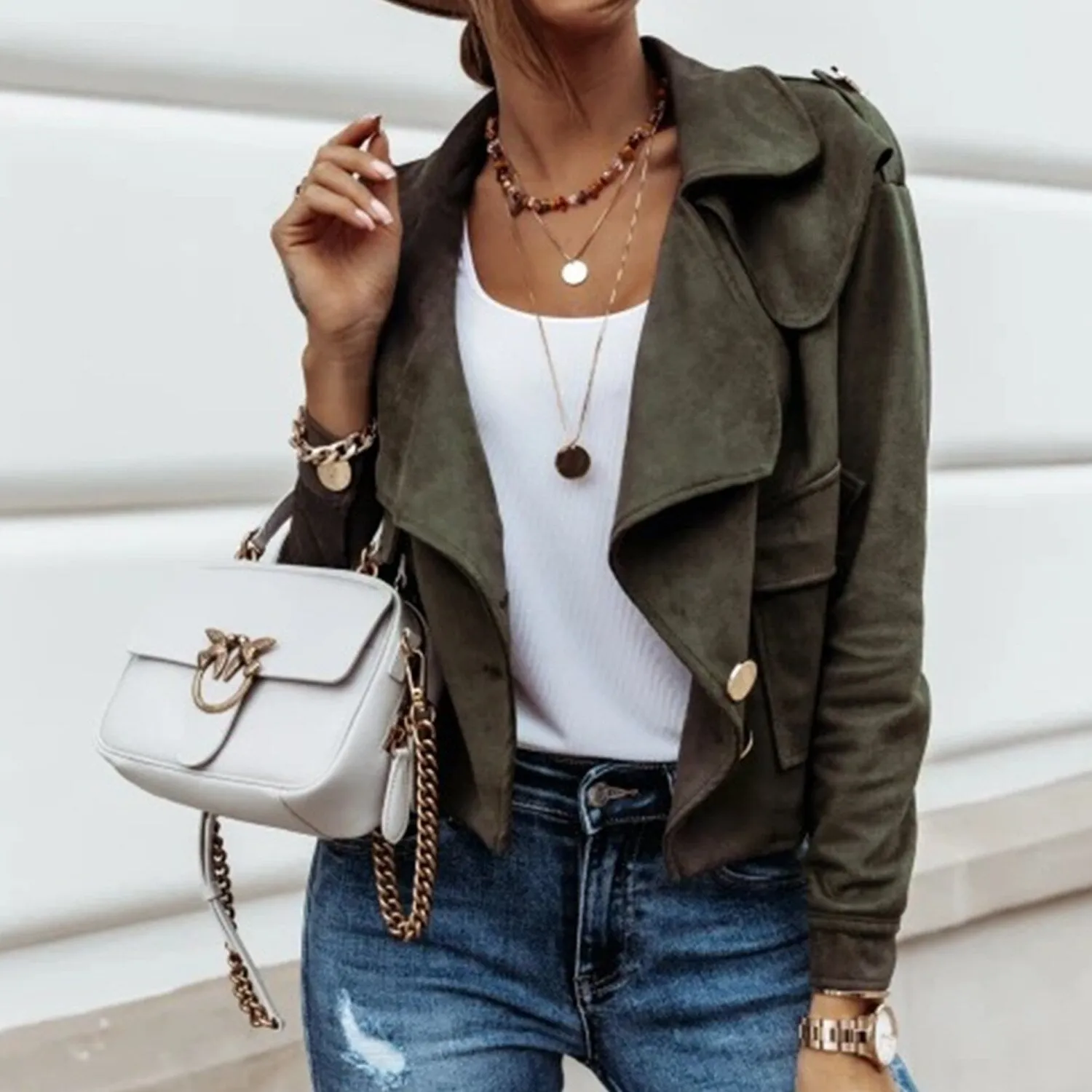 Army Green Wide-Lapel Crop Jacket sold by Zulily product image thumbnail 3