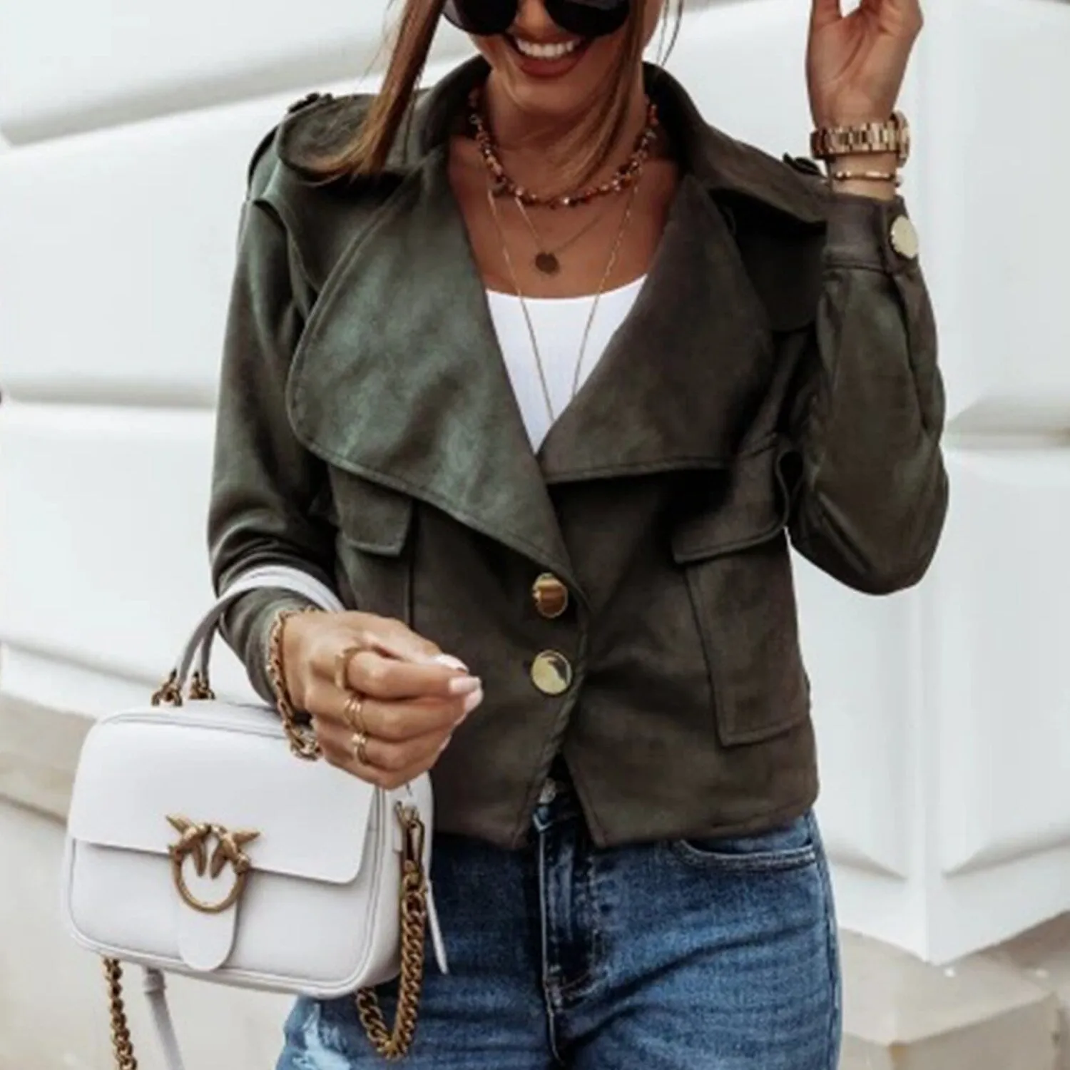 Army Green Wide-Lapel Crop Jacket sold by Zulily product image thumbnail 4