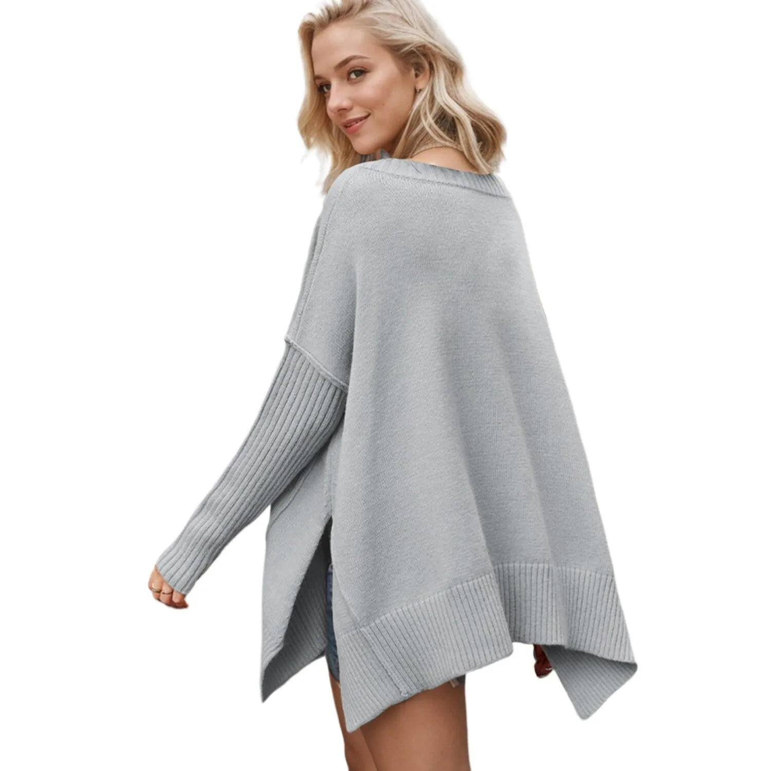 Grey V-Neck Oversize Sweater sold by Zulily product image thumbnail 2
