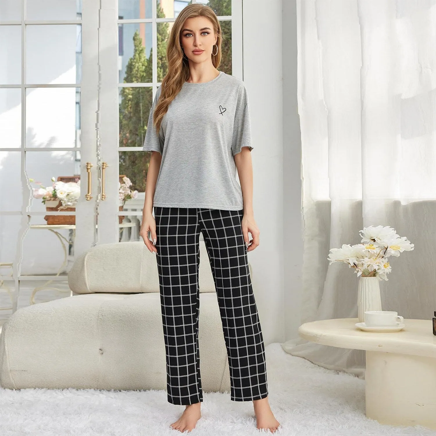 Grey & Black Plaid Loungewear Set sold by Zulily