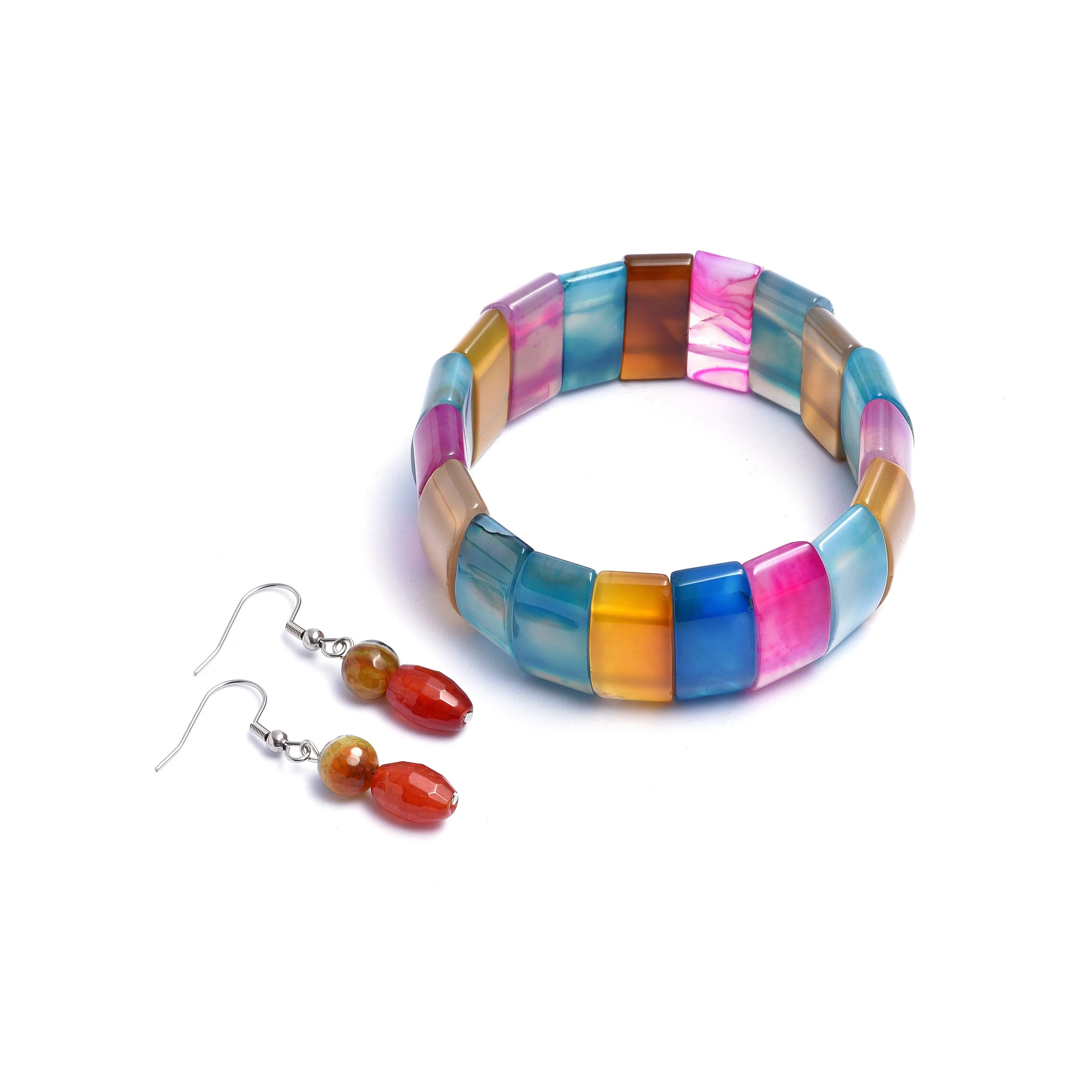 Silvertone Natural Agate Wide Rectangle Multicolor Bead Stretch Bracelet and Agate Earring Set sold by Zulily