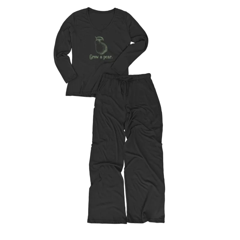 Grow a pear. Women's long-sleeve v-neck tee/Drawstring pajama pants sold by Zulily