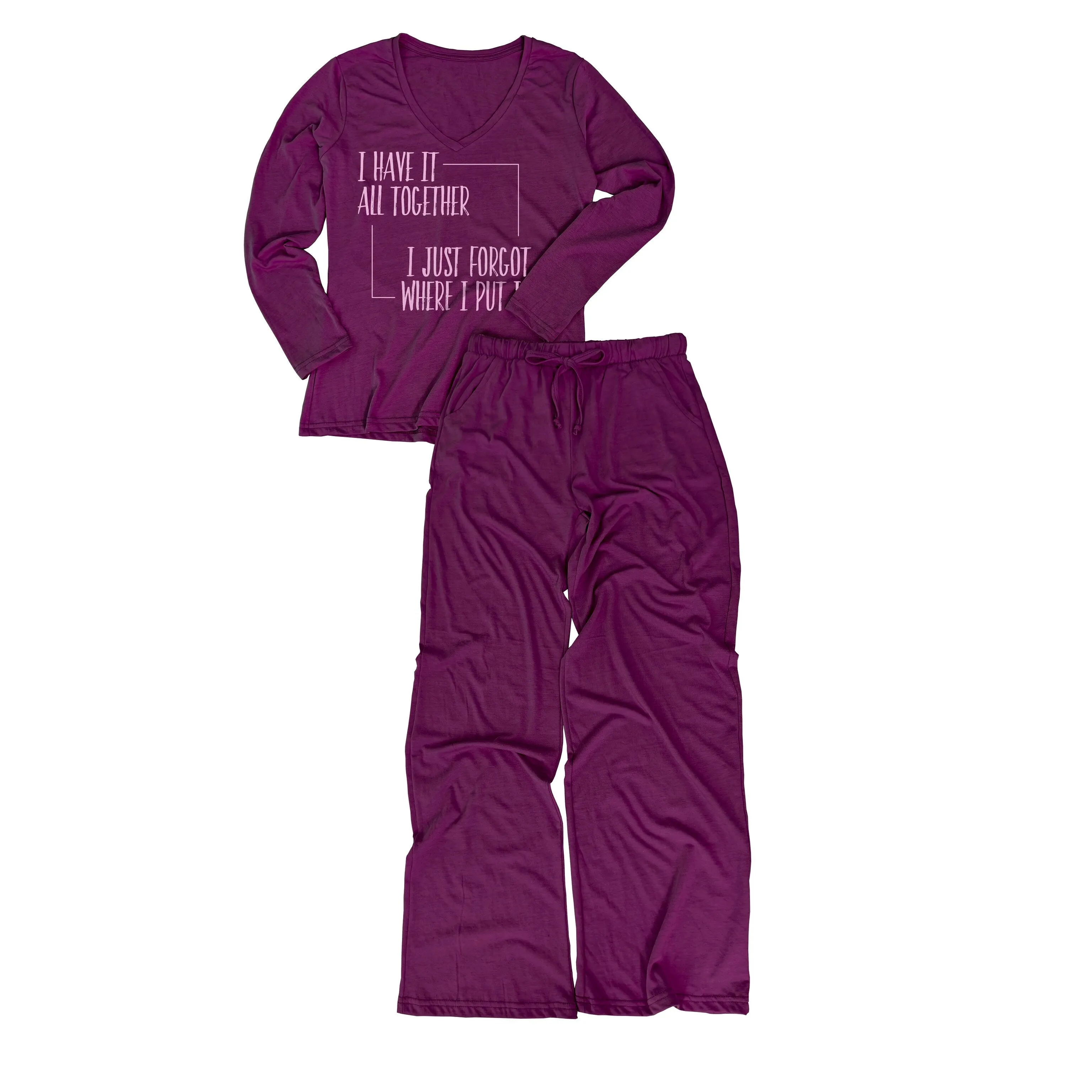 I have it all together. I just forgot where I put it. Women's long-sleeve v-neck tee/Drawstring pajama pants sold by Zulily