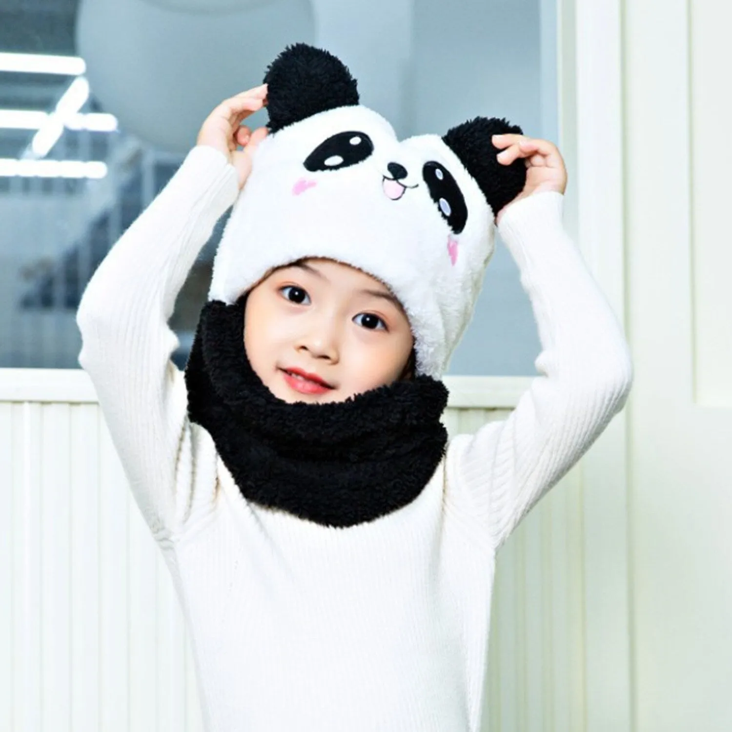 White & Black Panda Plush Scarf Integrated Neck Hat sold by Zulily product image thumbnail 2