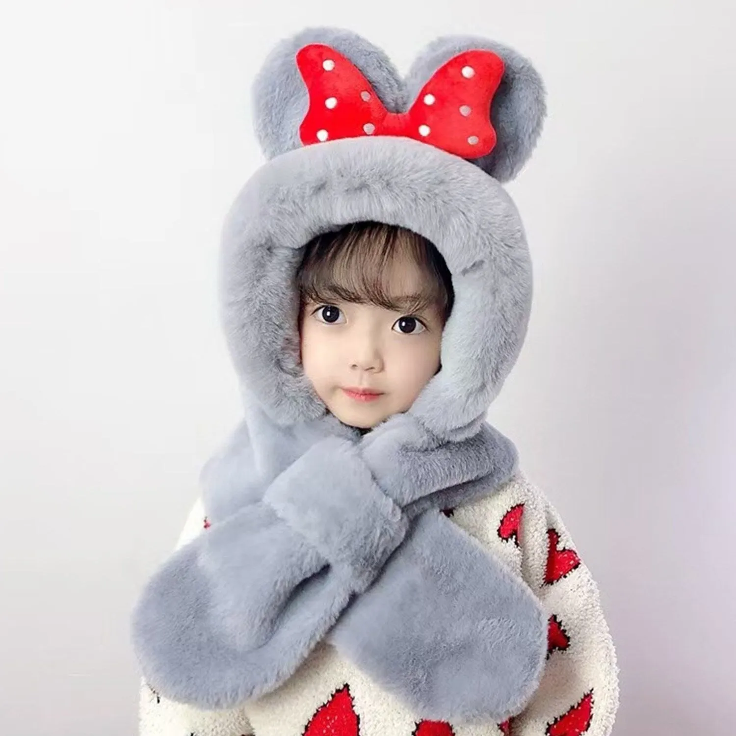 Grey Bow Plush Scarf Integrated Neck Hat sold by Zulily product image thumbnail 2