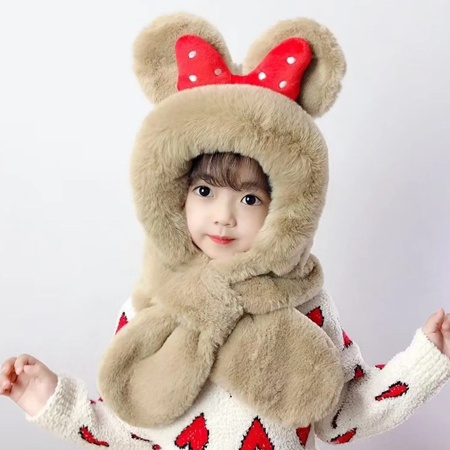 Khaki Bow Plush Scarf Integrated Neck Hat sold by Zulily product image thumbnail 2