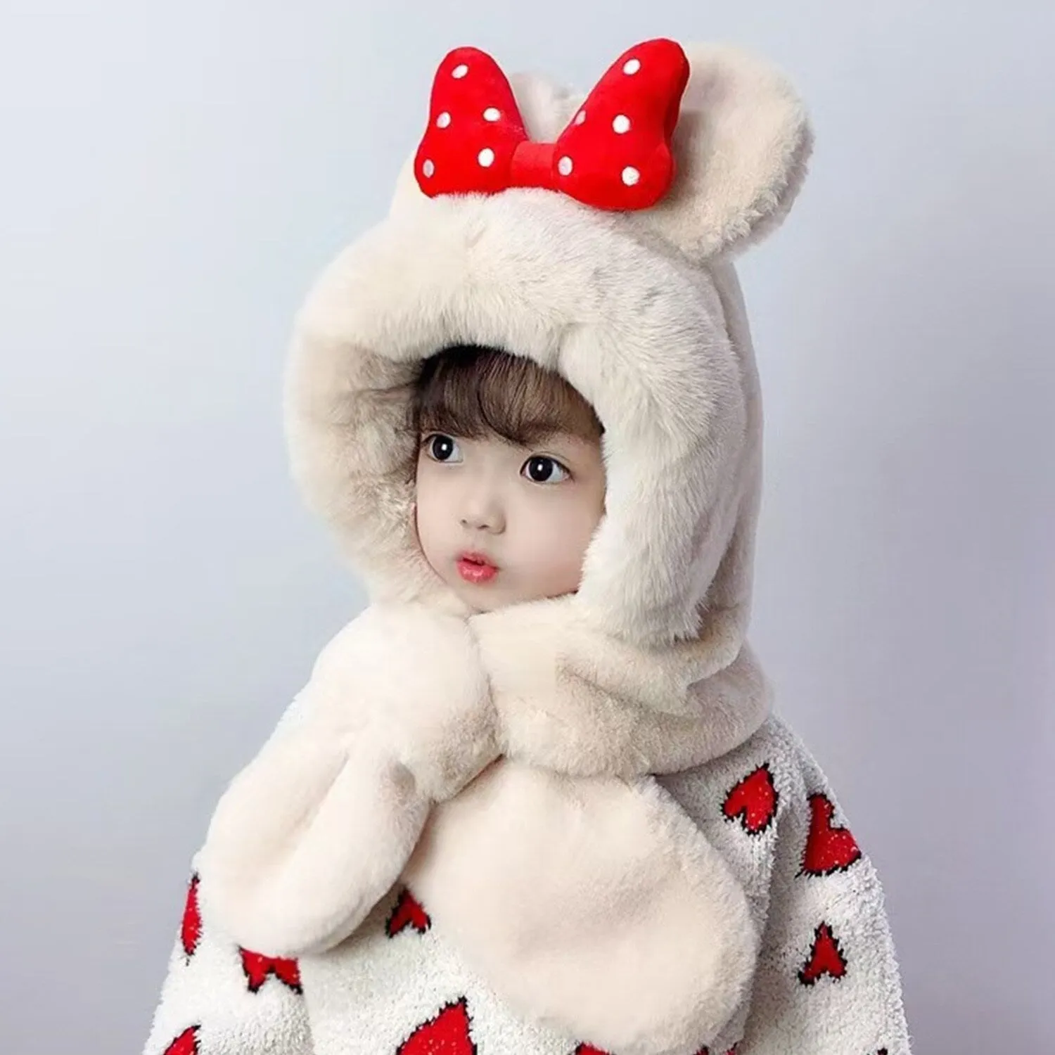 Beige Bow Plush Scarf Integrated Neck Hat sold by Zulily product image thumbnail 2