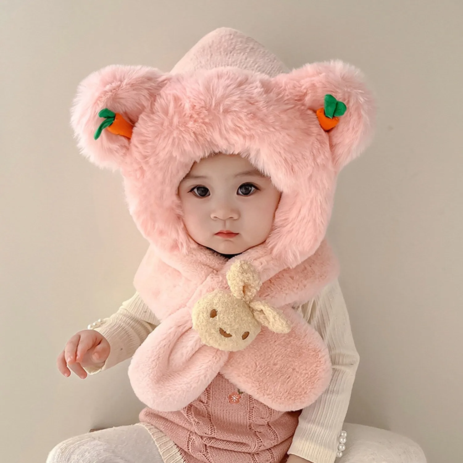 Pink Bunny Carrot Plush Scarf Integrated Neck Hat sold by Zulily product image thumbnail 2