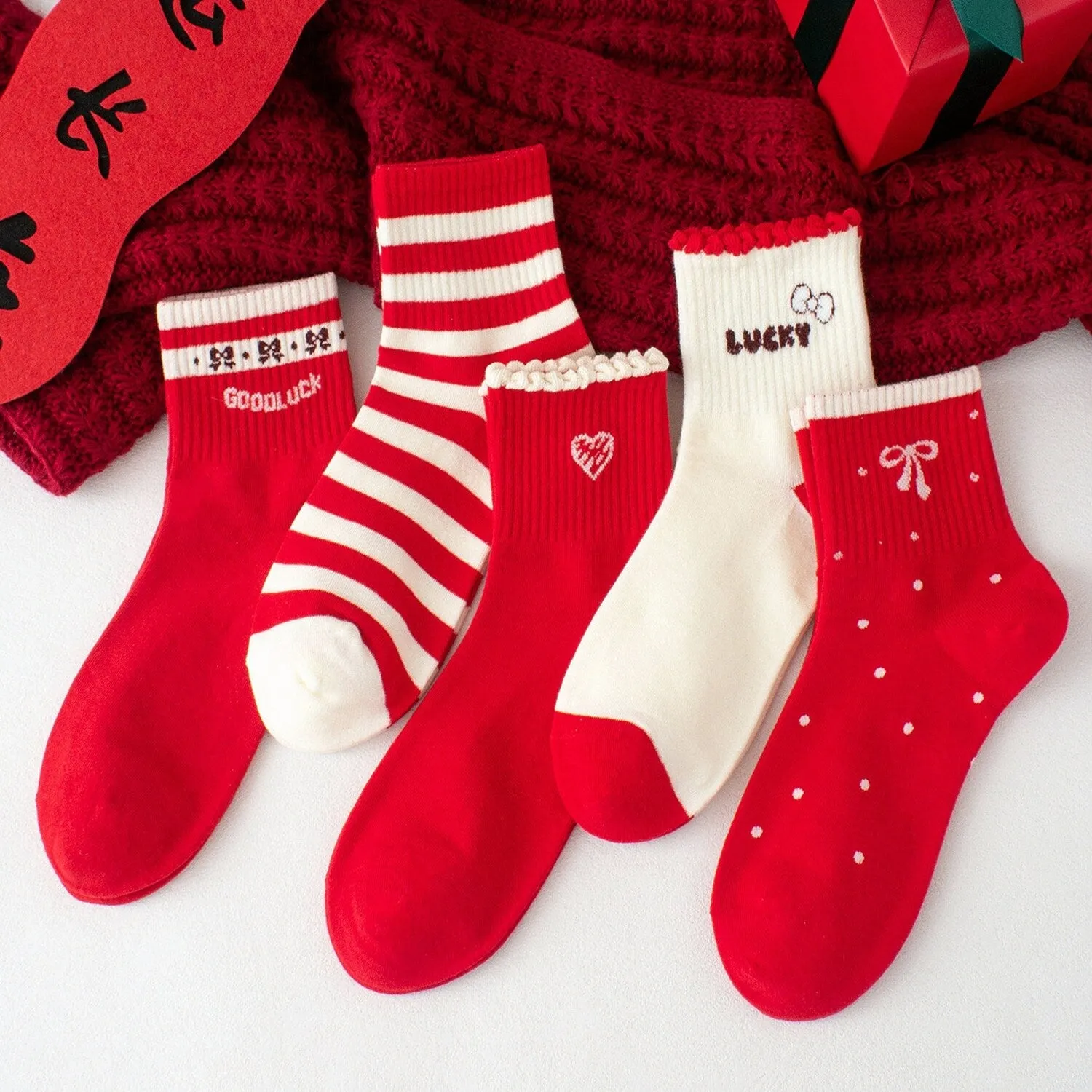 White & Red "Lucky" Five-Piece Socks Set sold by Zulily product image thumbnail 2