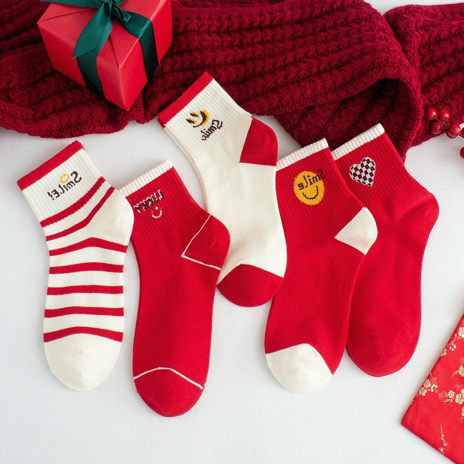 White & Red Smiley Face Five-Piece Socks Set sold by Zulily product image thumbnail 2