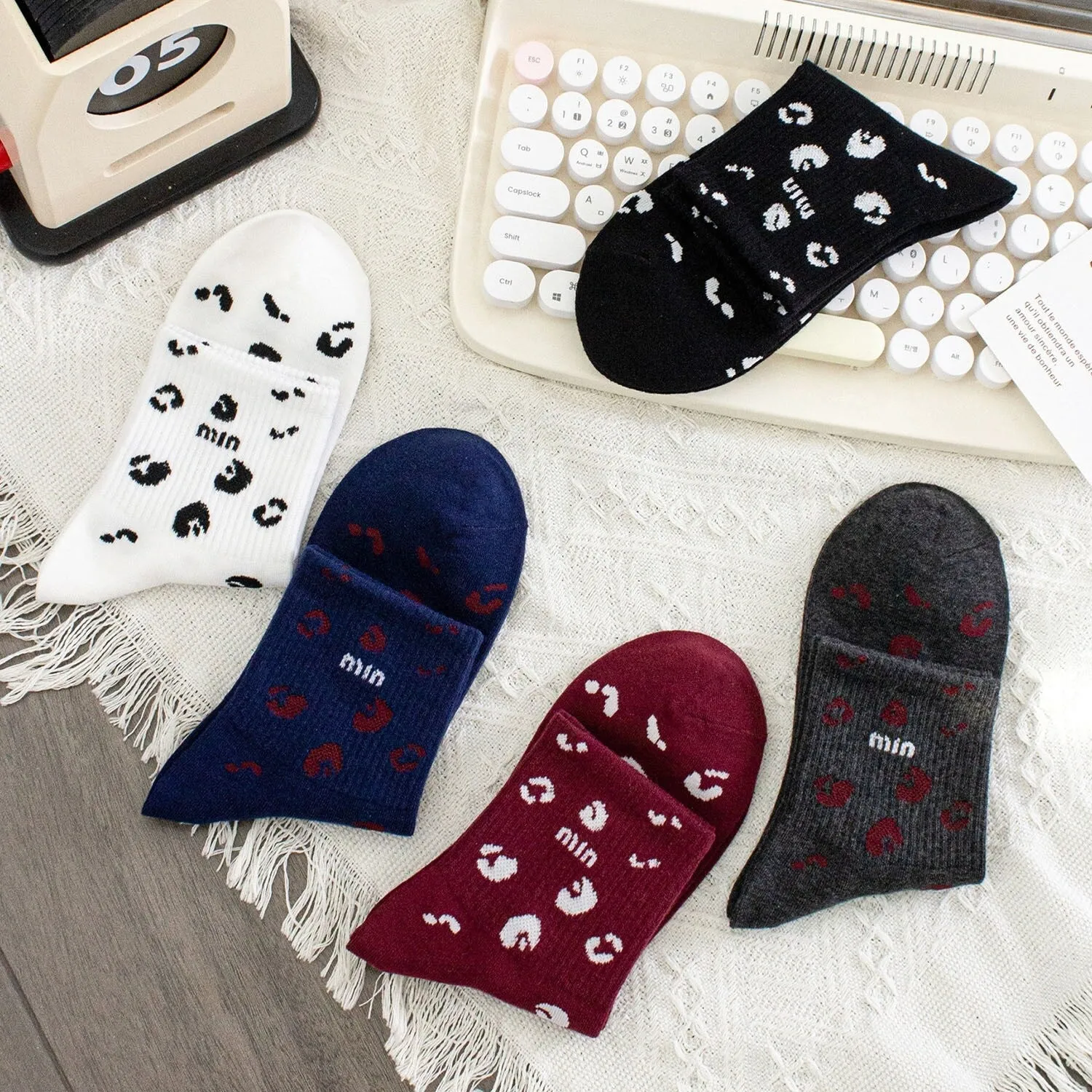 White Red Blue & Grey Leopard Five-Piece Socks Set sold by Zulily product image thumbnail 2