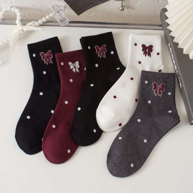 Black Burgundy Grey & White Bow Five-Piece Socks Set sold by Zulily