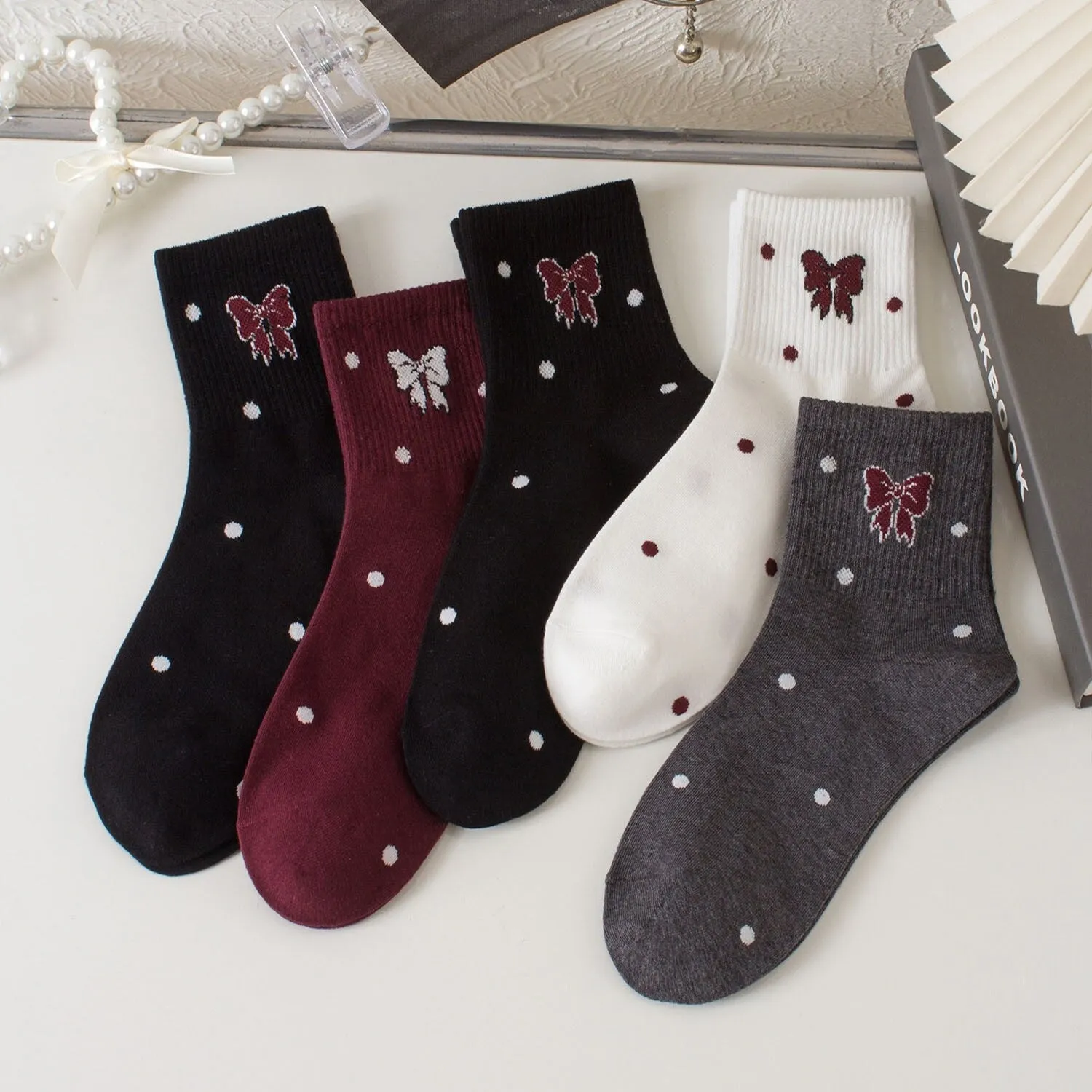 Black Burgundy Grey & White Bow Five-Piece Socks Set sold by Zulily