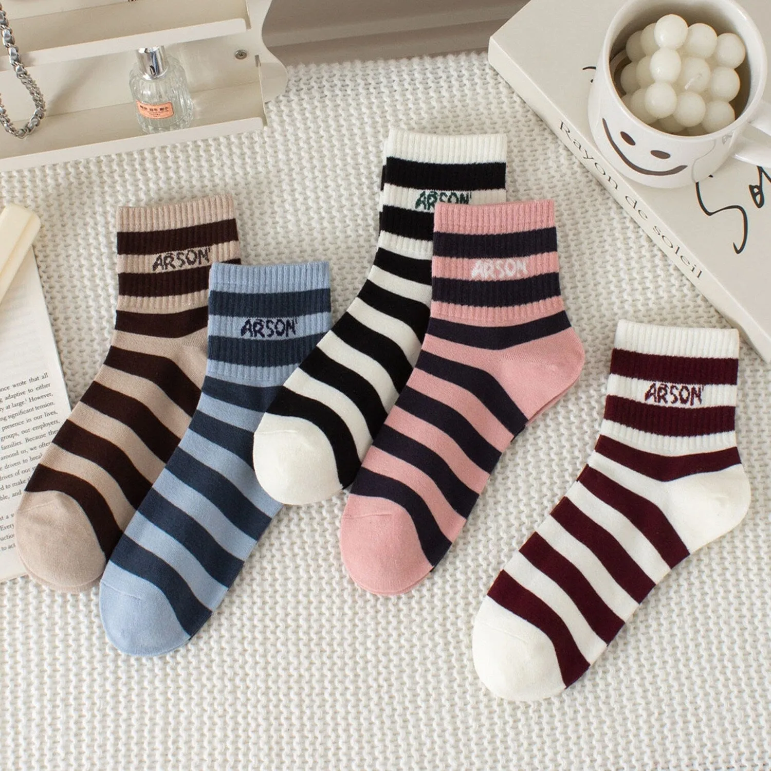 Khaki Blue White & Pink Stripe Five-Piece Socks Set sold by Zulily product image thumbnail 2