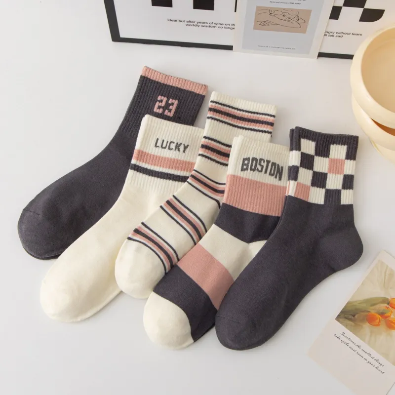 Grey & Pink Checkerboard & Stripe Five-Piece Socks Set sold by Zulily