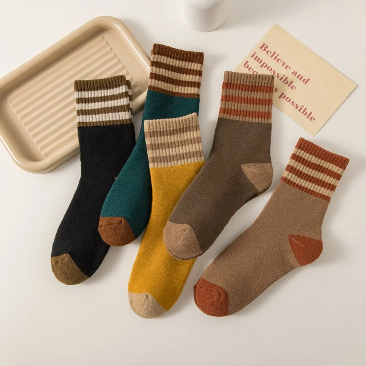 Green Mustard & Brown Five-Piece Striped Socks Set sold by Zulily product image thumbnail 2