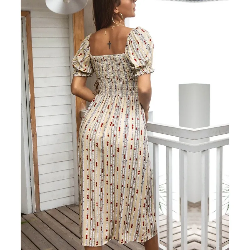 Beige Geometric Square Neck Puff Sleeve Dress sold by Zulily