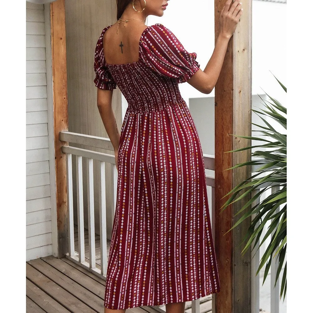 Burgundy Geometric Square Neck Puff Sleeve Dress sold by Zulily product image thumbnail 4