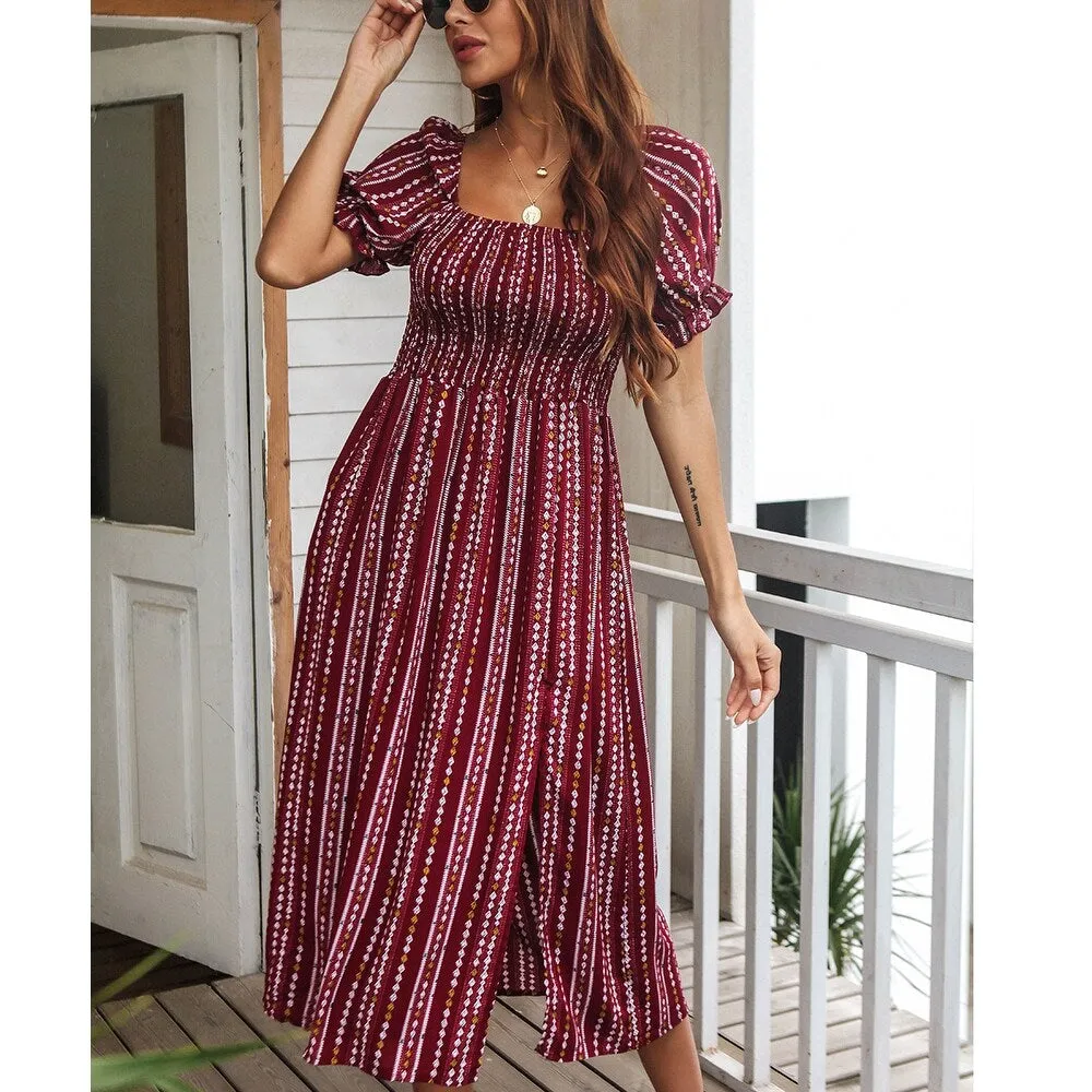 Burgundy Geometric Square Neck Puff Sleeve Dress sold by Zulily product image thumbnail 2