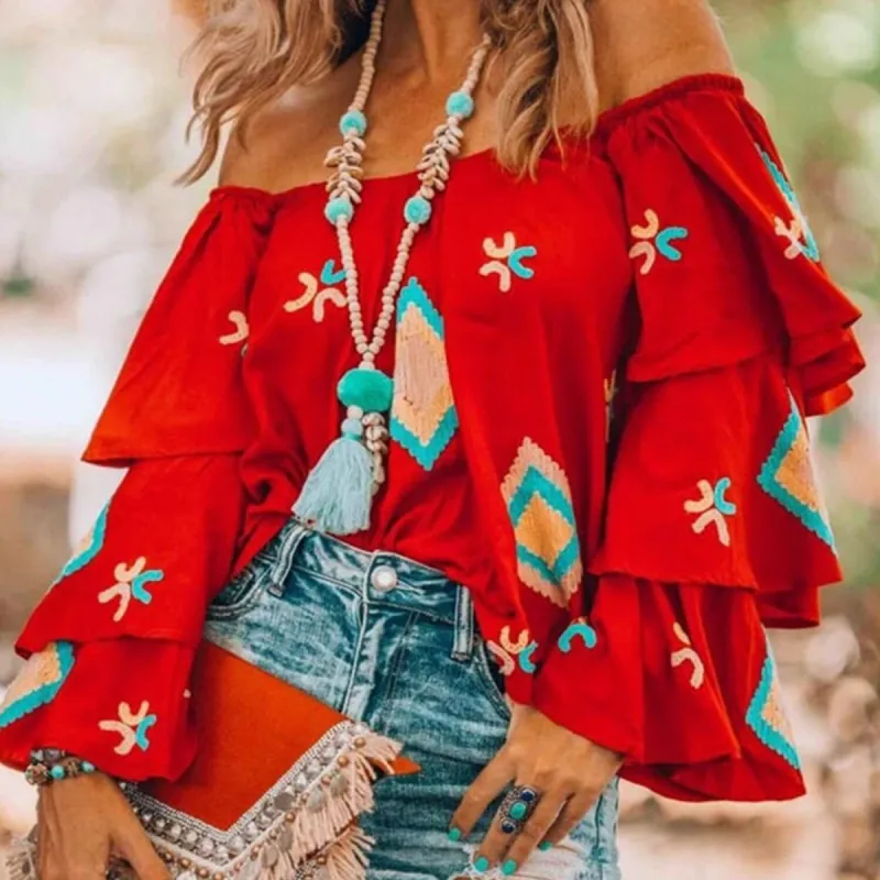 Red Geometric Ruffle Tiered-Sleeve Off-Shoulder Top sold by Zulily