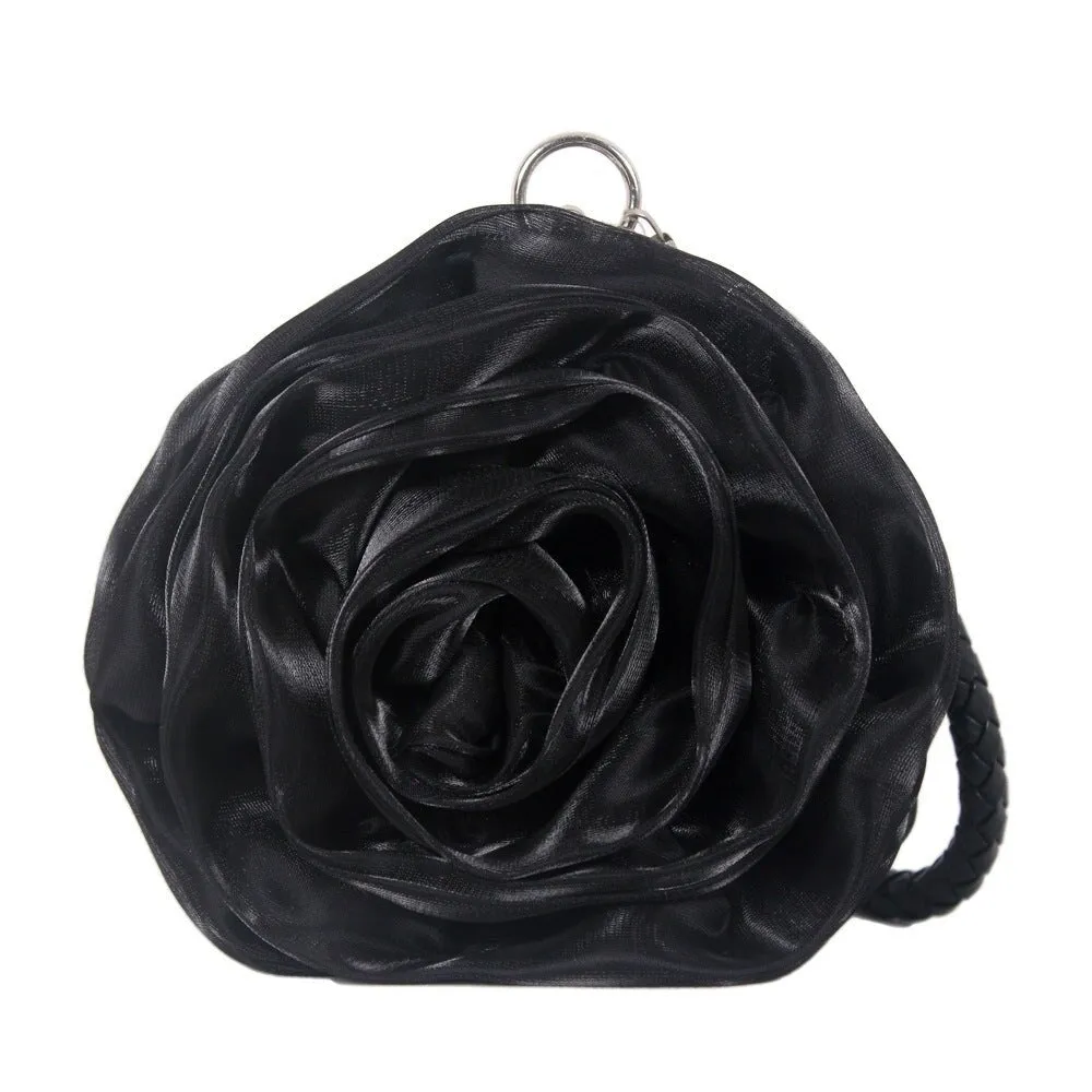 Black Satine Rose Flower Clutch Handbag with Removeable Strap sold by Zulily