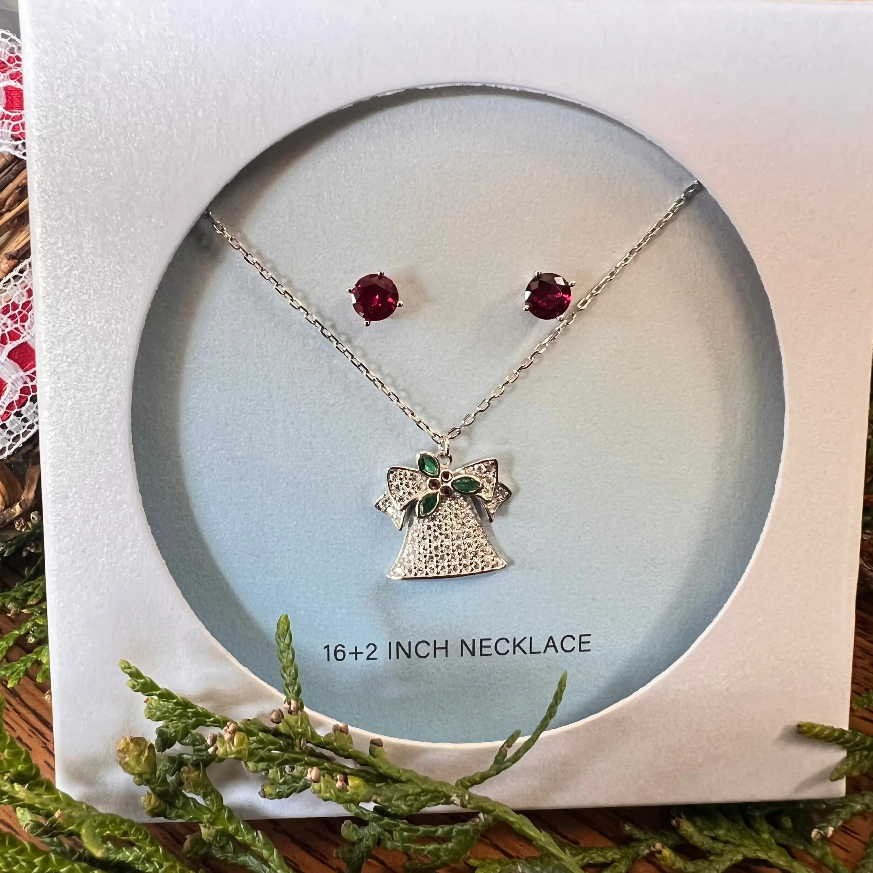 Sterling Silver Set of Earring and Charm Necklace Red Round Stud Earring and Jingle Bell CZ Pave Charm sold by Zulily product image thumbnail 2