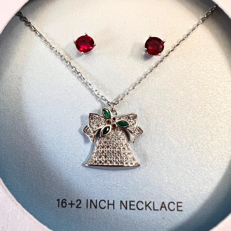 Sterling Silver Set of Earring and Charm Necklace Red Round Stud Earring and Jingle Bell CZ Pave Charm sold by Zulily