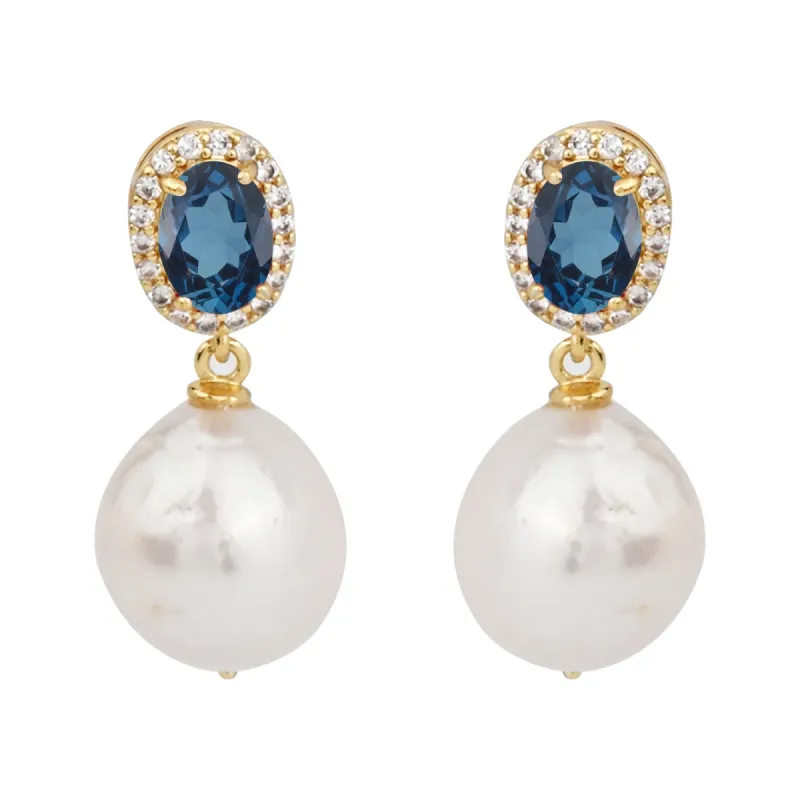V3 Jewelry 18KT Gold Over Sterling Silver Natural London Blue Topaz, Freshwater Pearl and White Topaz Dangle Earrings for Women sold by Zulily