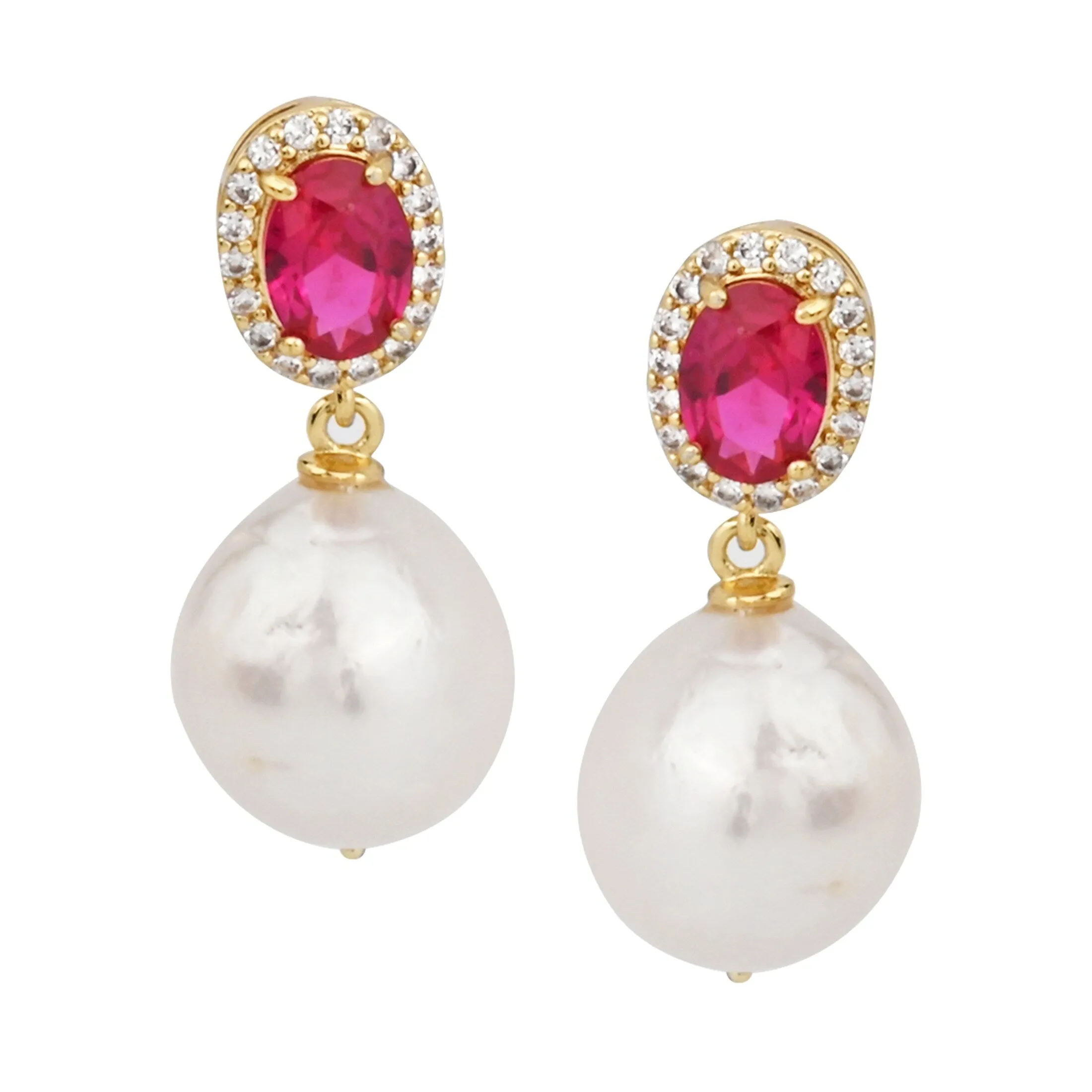 V3 Jewelry 18KT Gold Over Sterling Silver Ruby, Freshwater Pearl and White Topaz Dangle Earrings for Women sold by Zulily