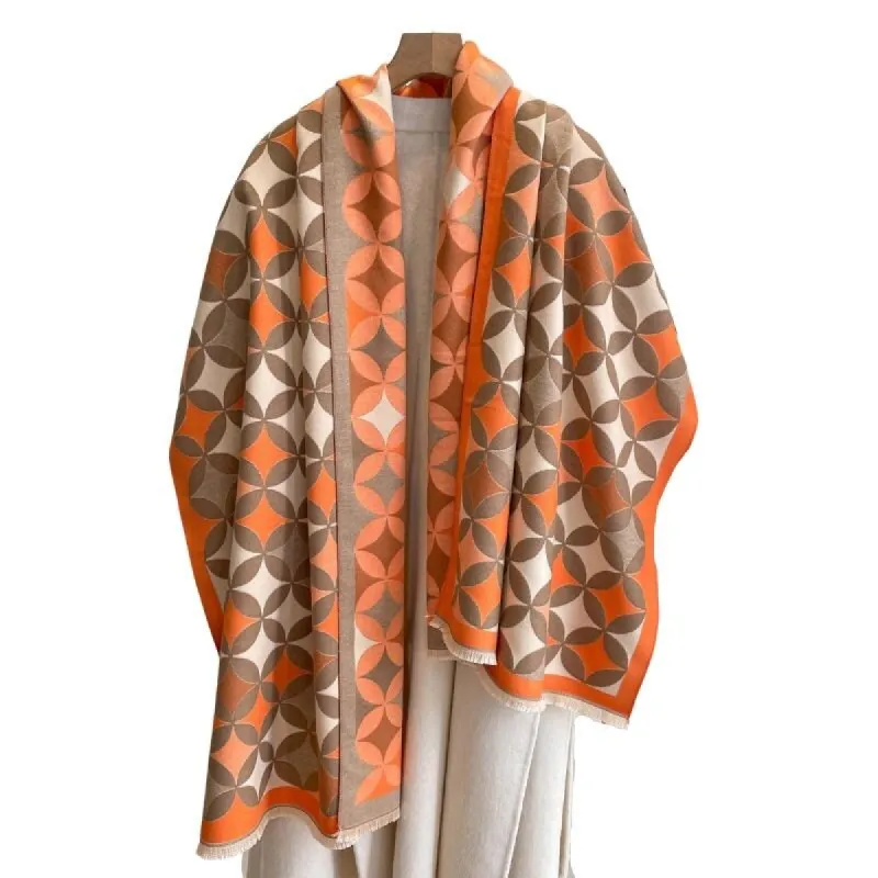 Orange, Beige & Brown Circular Star Patterned Fringe-Trimmed Scarf sold by Zulily