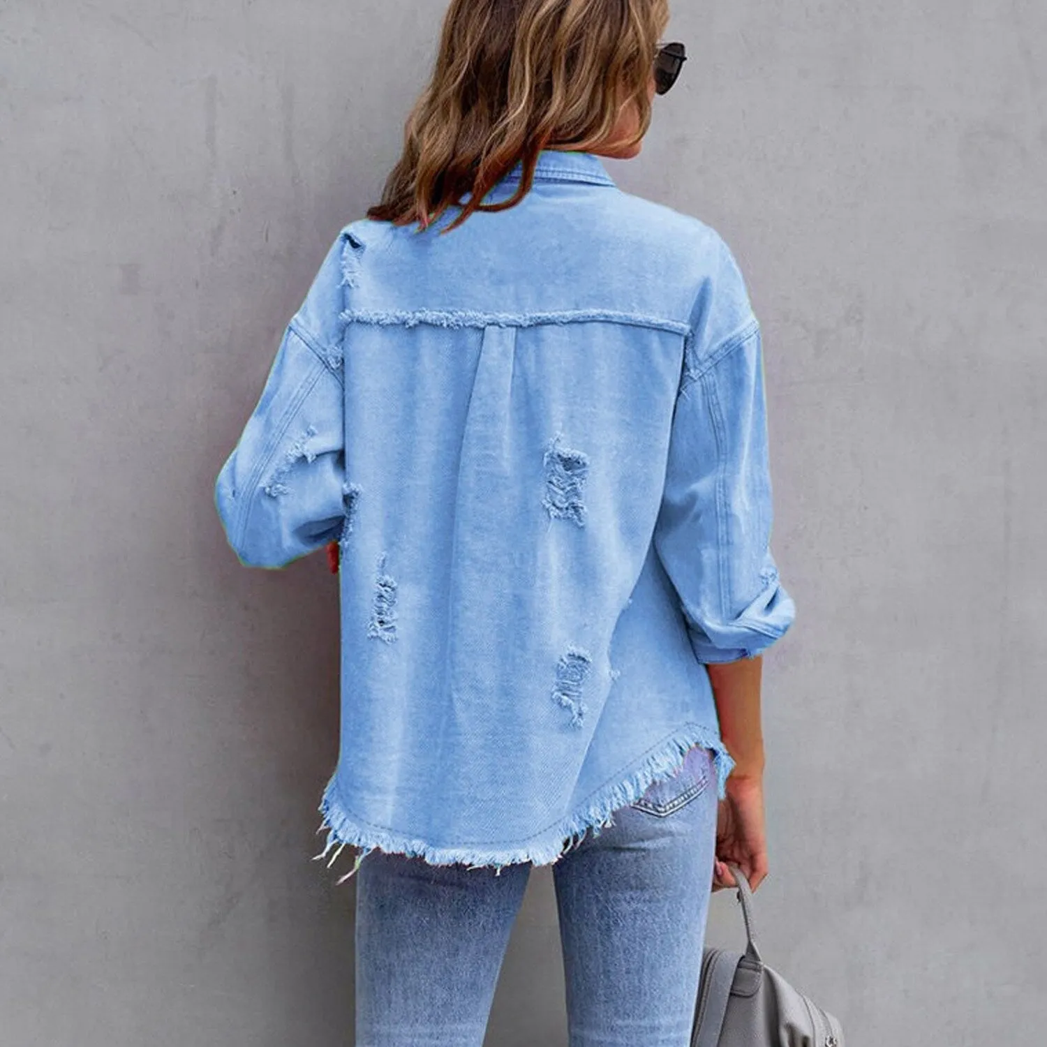 Light Blue Distressed Drop Shoulder Denim Jacket sold by Zulily product image thumbnail 2
