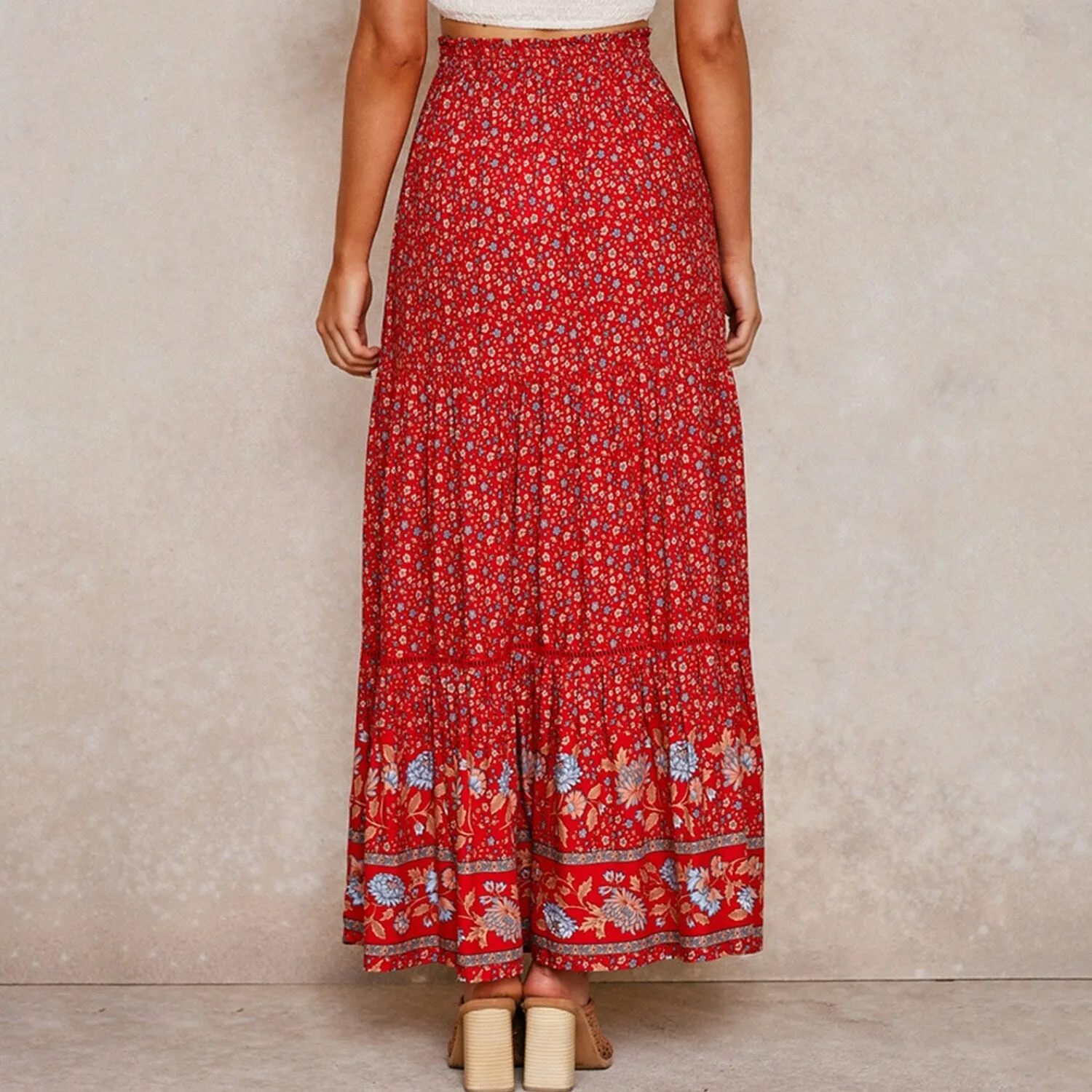 Red Floral Tiered Printed Elastic Waist Skirt sold by Zulily product image thumbnail 2