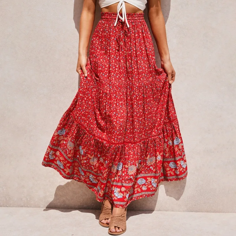 Red Floral Tiered Printed Elastic Waist Skirt sold by Zulily