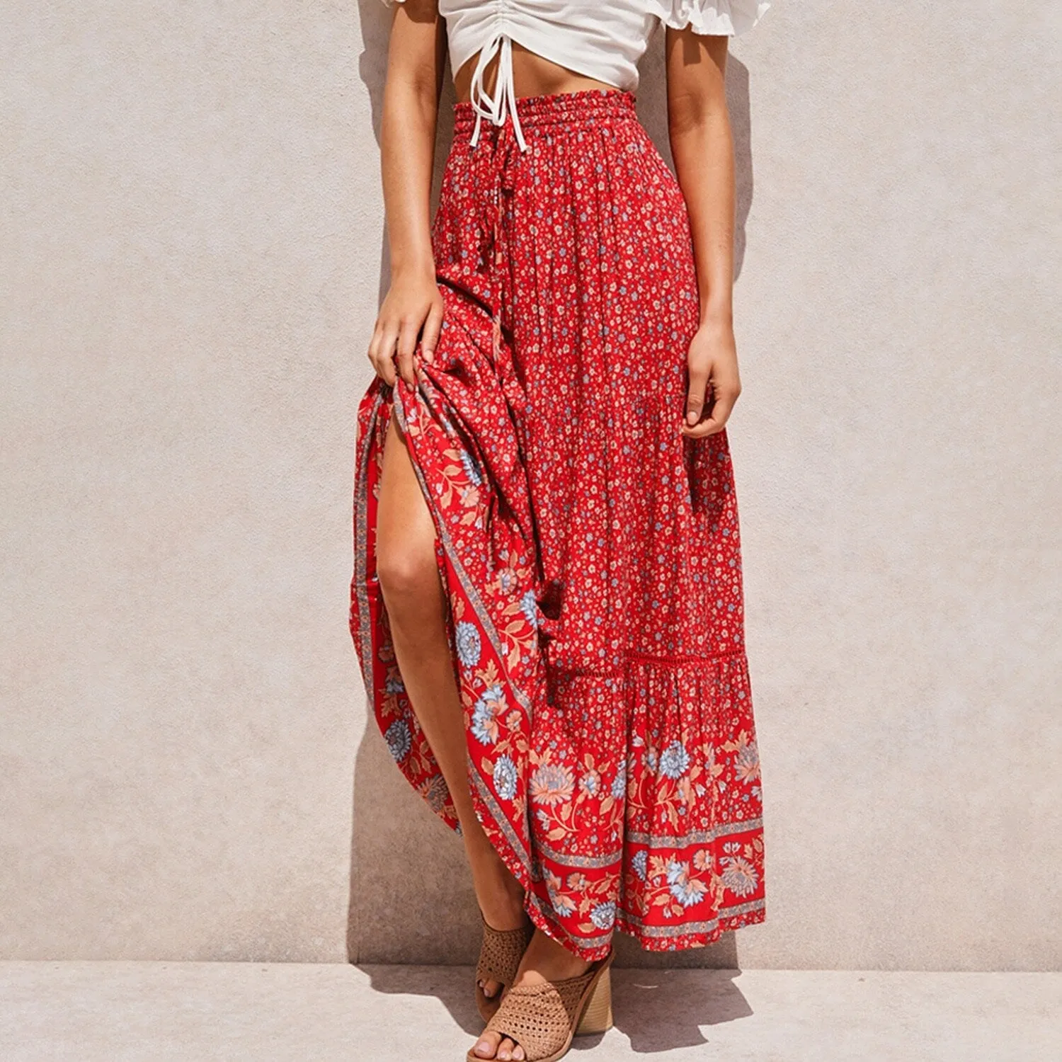 Red Floral Tiered Printed Elastic Waist Skirt sold by Zulily product image thumbnail 3