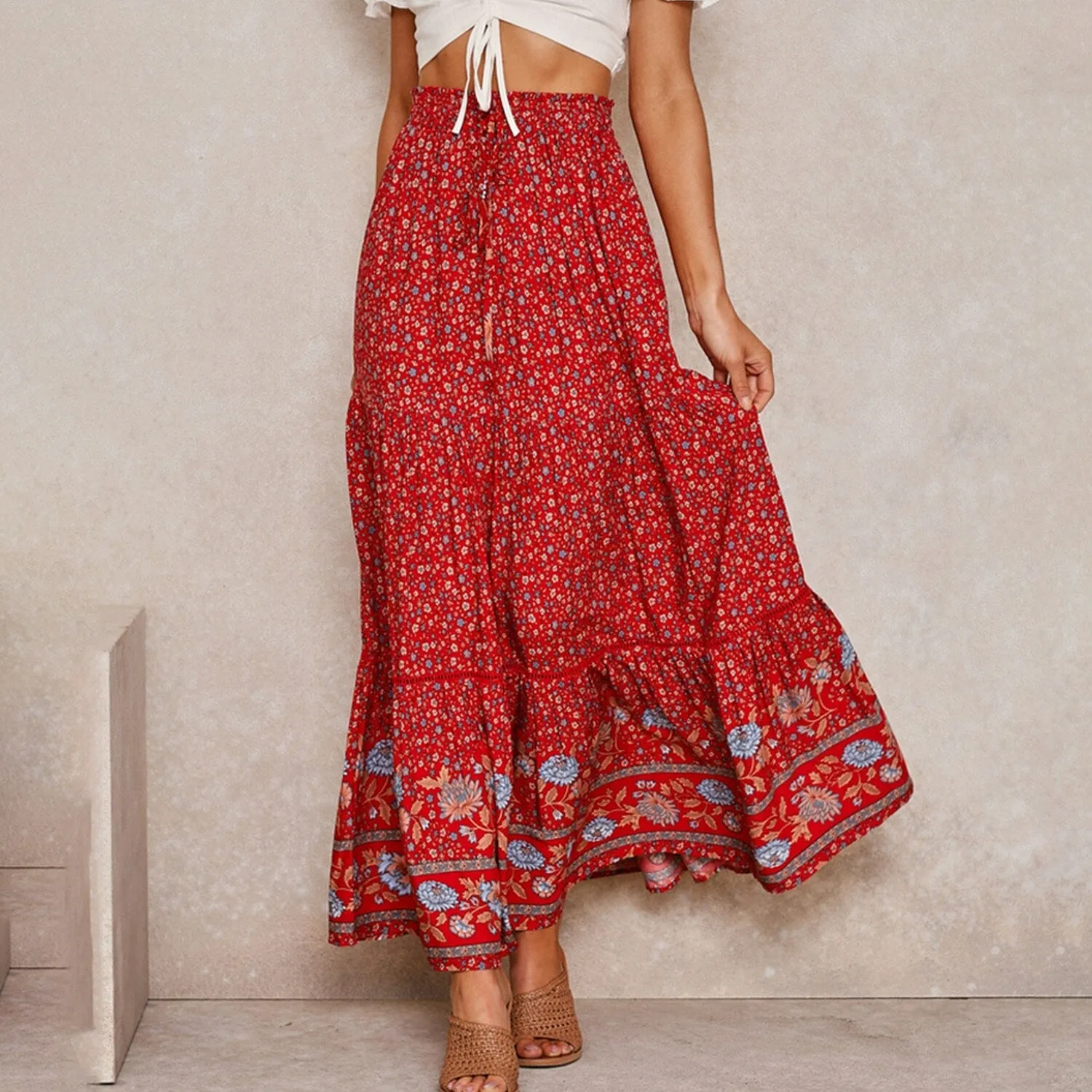 Red Floral Tiered Printed Elastic Waist Skirt sold by Zulily product image thumbnail 4