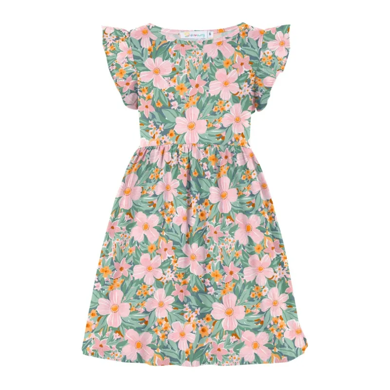Dusty Green & Pink Watercolor Floral Print Angel-Sleeve A-Line Dress sold by Zulily