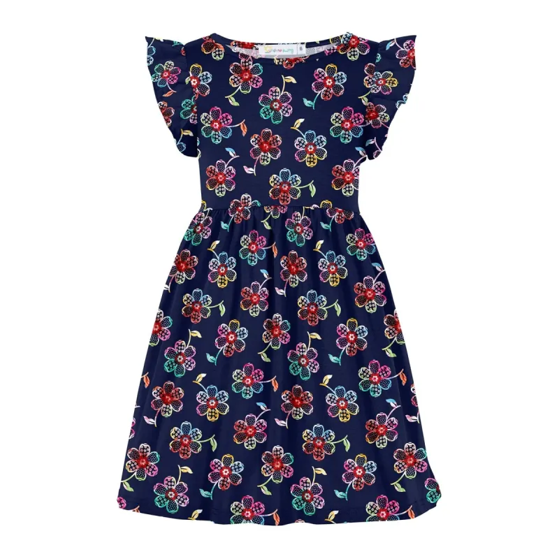 Navy & Multi Color Floral Print Angel-Sleeve A-Line Dress sold by Zulily