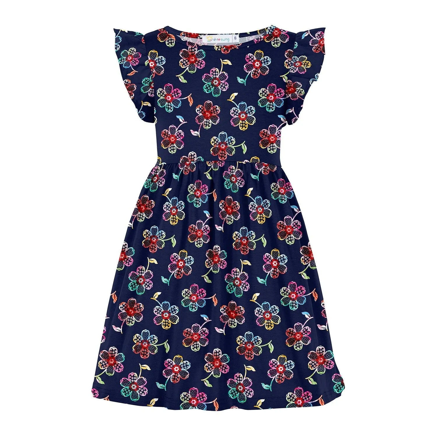 Navy & Multi Color Floral Print Angel-Sleeve A-Line Dress sold by Zulily