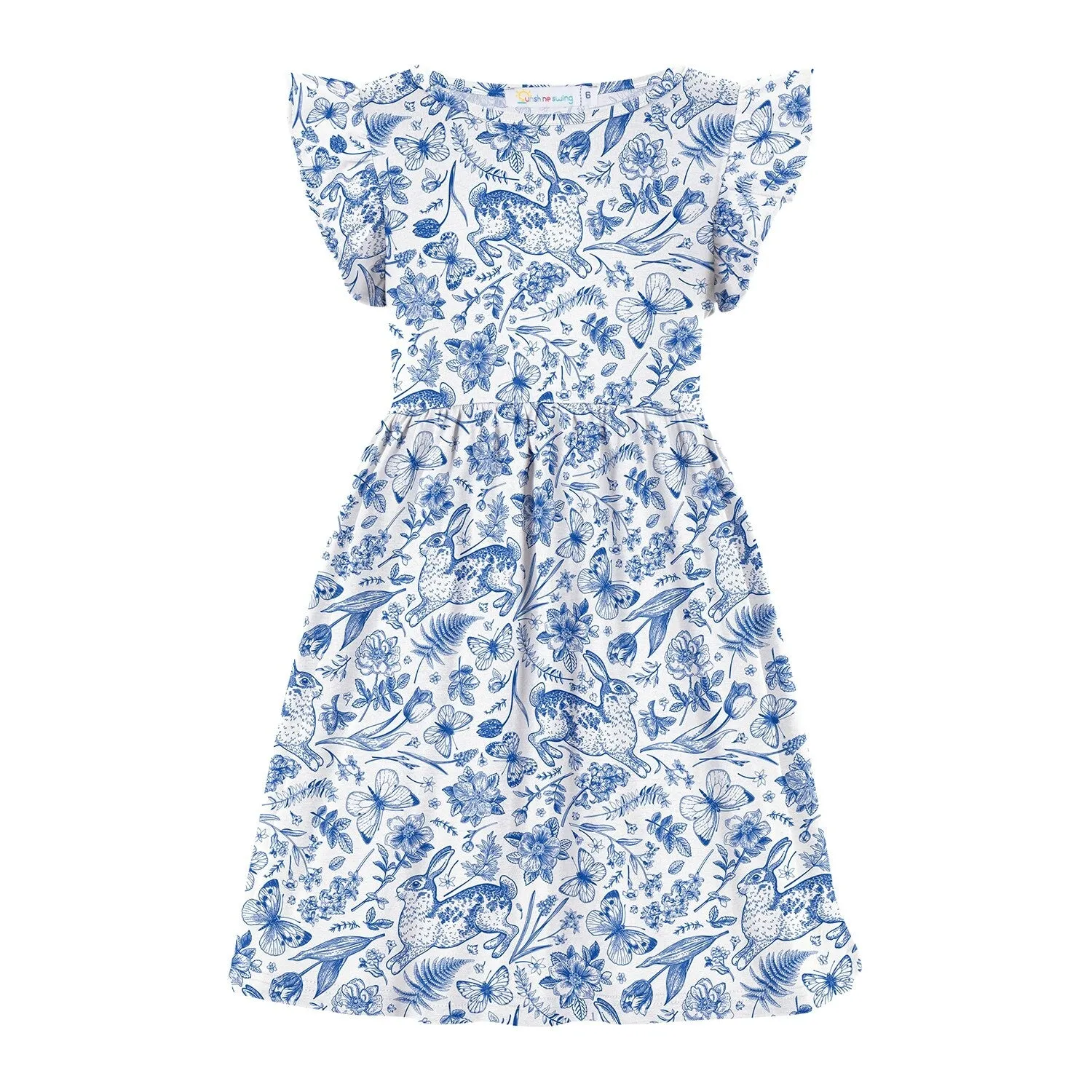 White & Blue Floral Bunny Print Angel-Sleeve A-Line Dress sold by Zulily