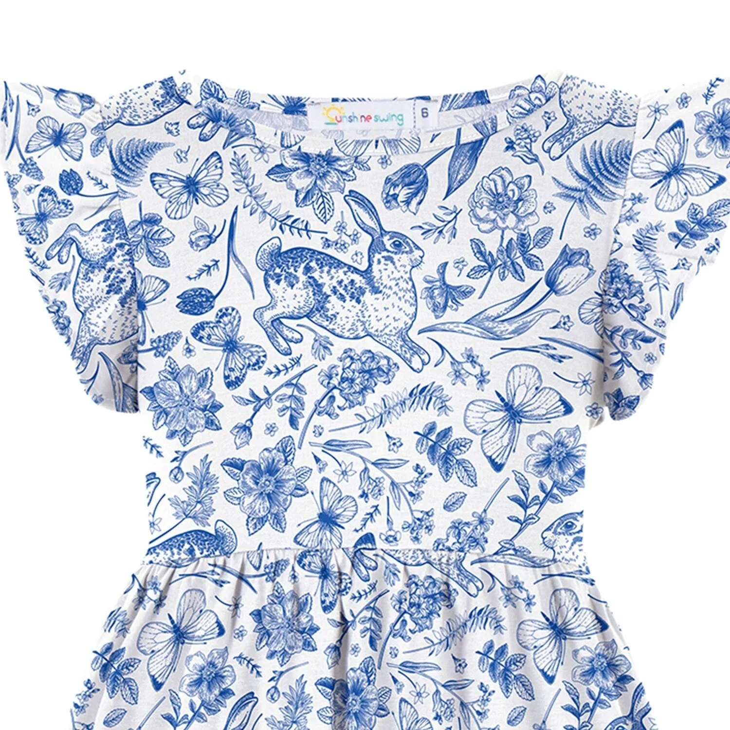 White & Blue Floral Bunny Print Angel-Sleeve A-Line Dress sold by Zulily product image thumbnail 2