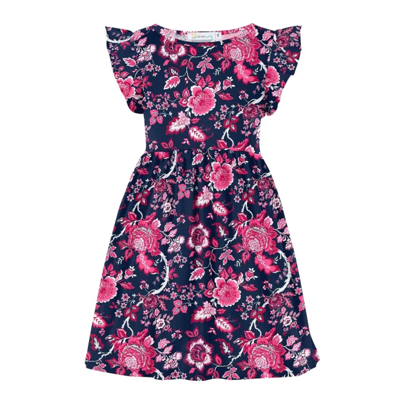 Dark Navy & Pink Floral Print Angel-Sleeve A-Line Dress sold by Zulily