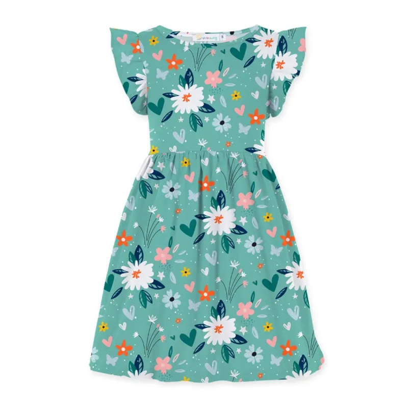 Turquoise Floral Print Angel-Sleeve A-Line Dress sold by Zulily