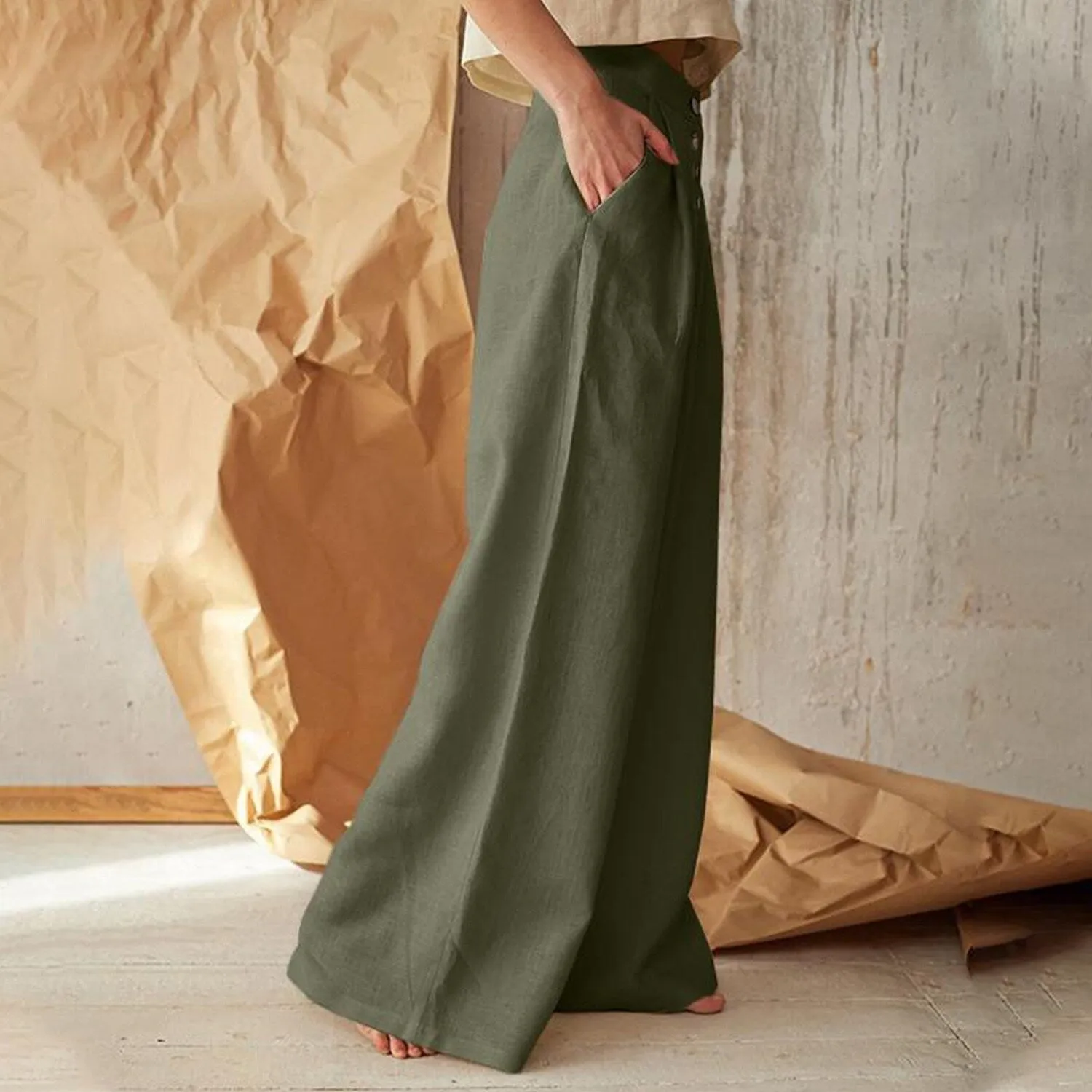 Green High Waist Wide Leg Pants sold by Zulily product image thumbnail 3