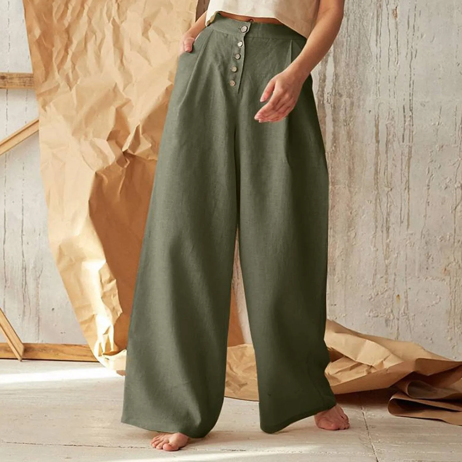 Green High Waist Wide Leg Pants sold by Zulily product image thumbnail 2