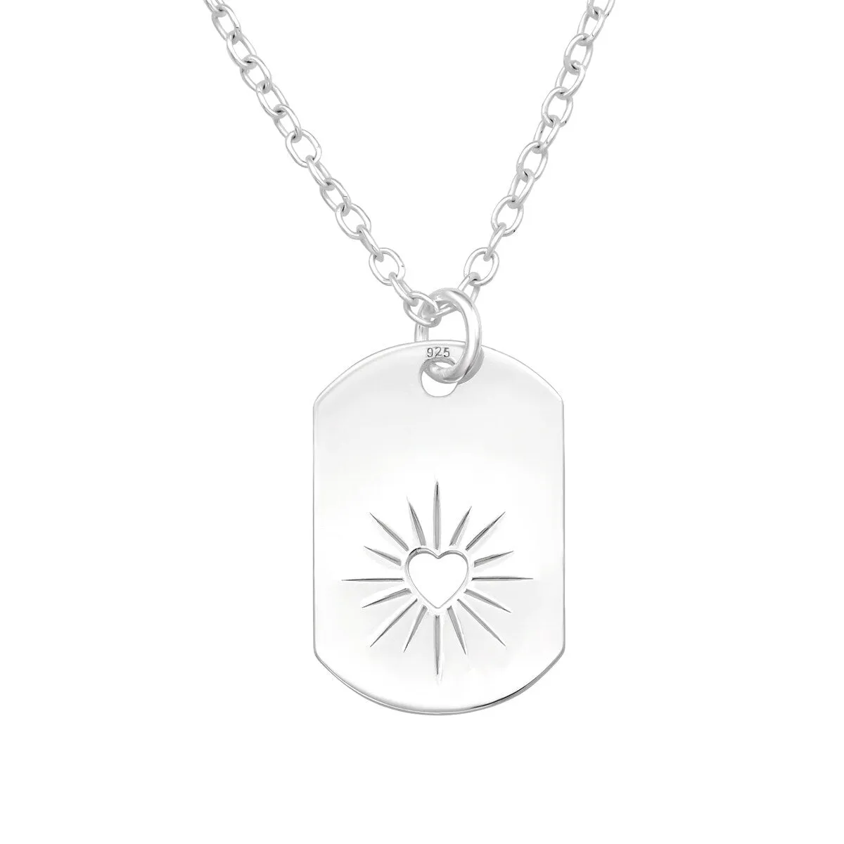Sterling Silver Heart Sunburst Dog Tag Pendant Necklace sold by Zulily