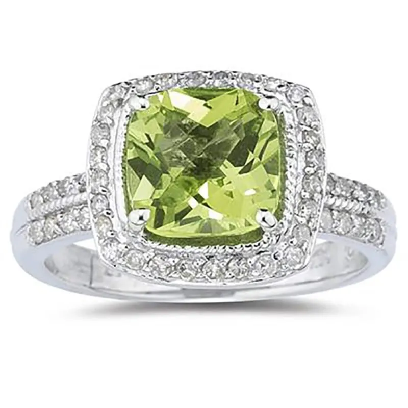 2 1/2 Carat Cushion Cut Peridot & Diamond Ring in 14K White Gold sold by Zulily