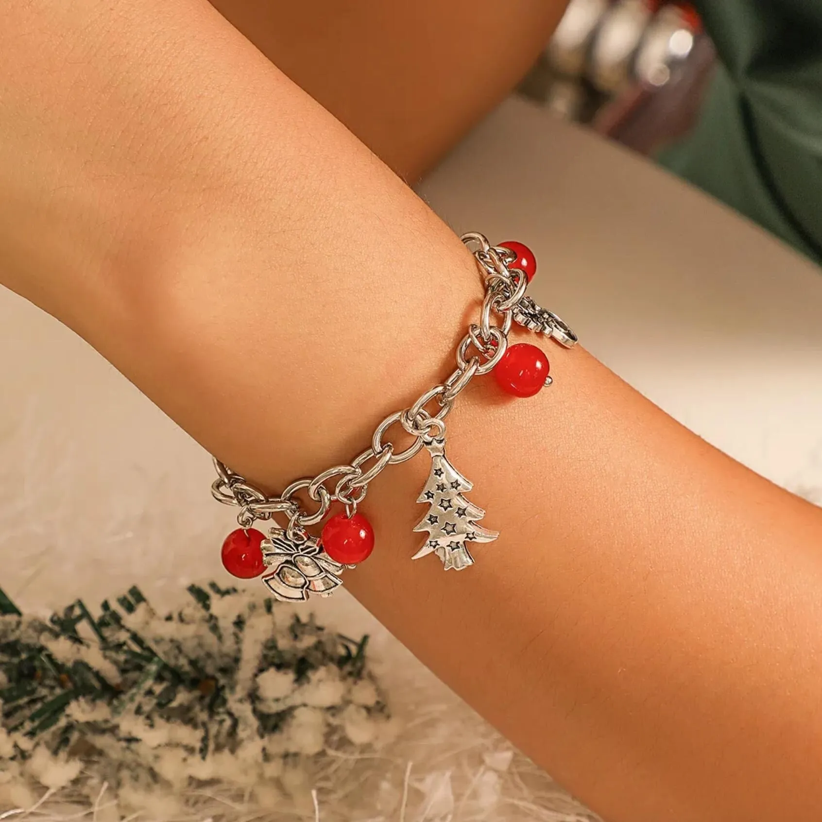 Silvertone & Red Beaded Christmas Charm Bracelet sold by Zulily product image thumbnail 2