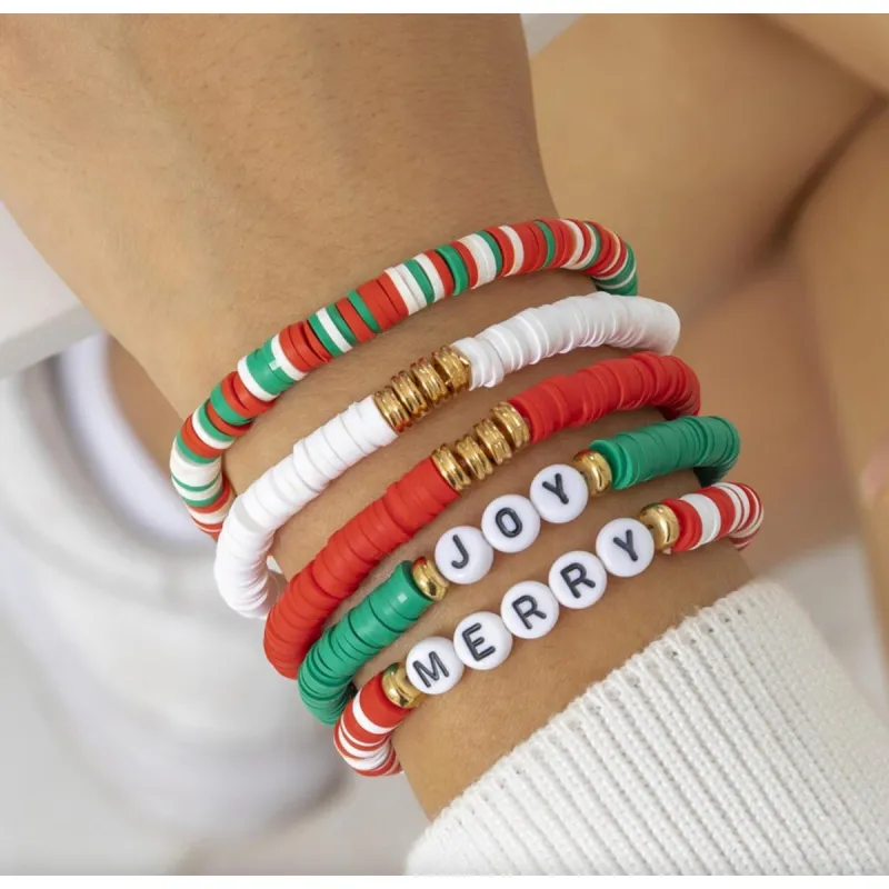Red, White & Green Joy & Merry Beaded Bracelet Set sold by Zulily