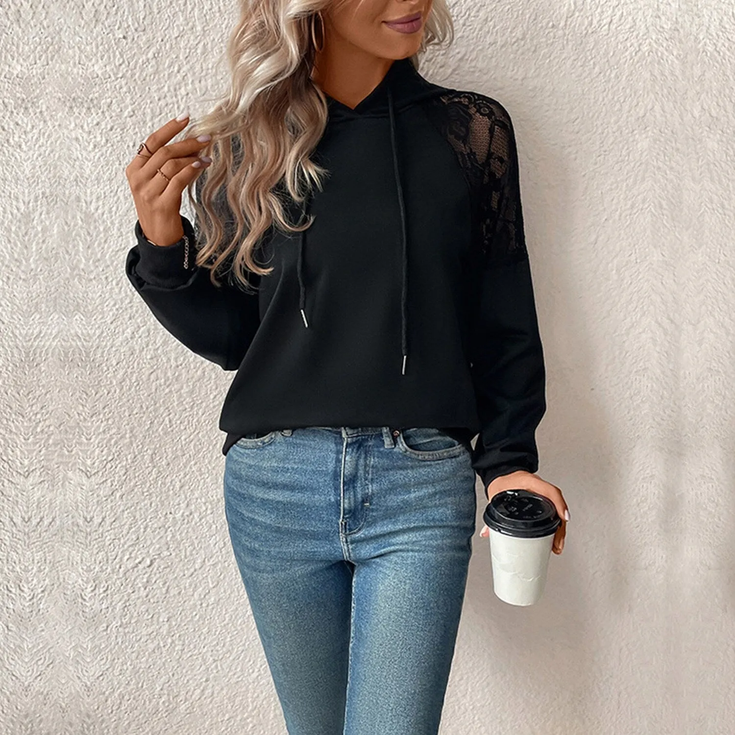 Black Drawstring Openwork Long Sleeve Hoodie sold by Zulily